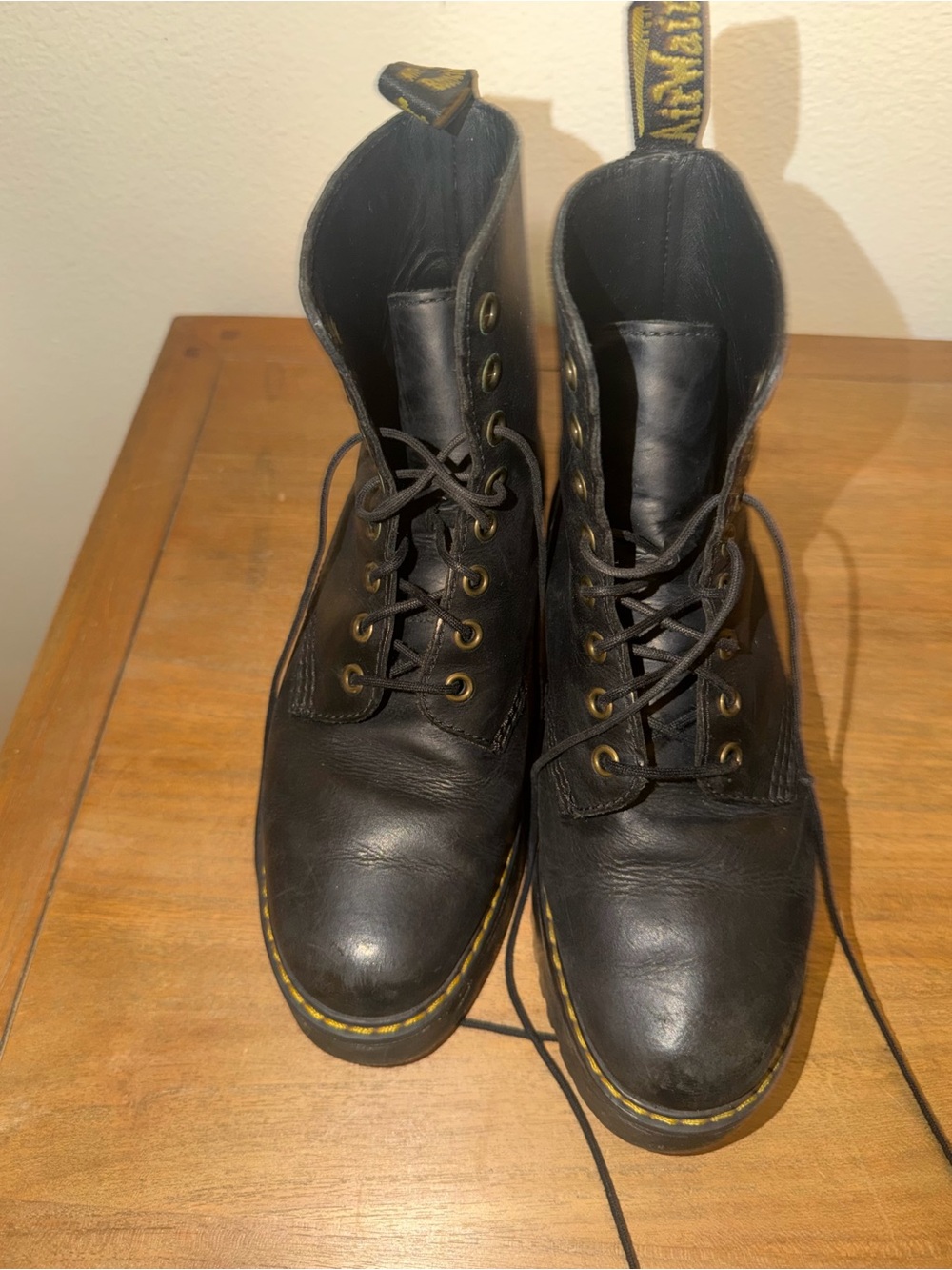 Dr. Martens Black Leather 8-Eye Lace-Up Boots with Yellow Stitching